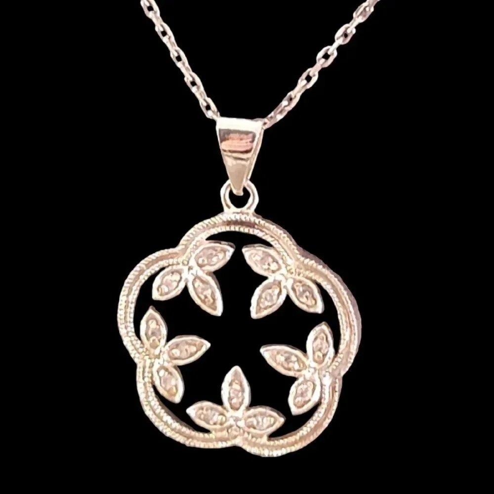 Sterling Silver Openwork Clear Cubic Zirconia Leaf Design Necklace